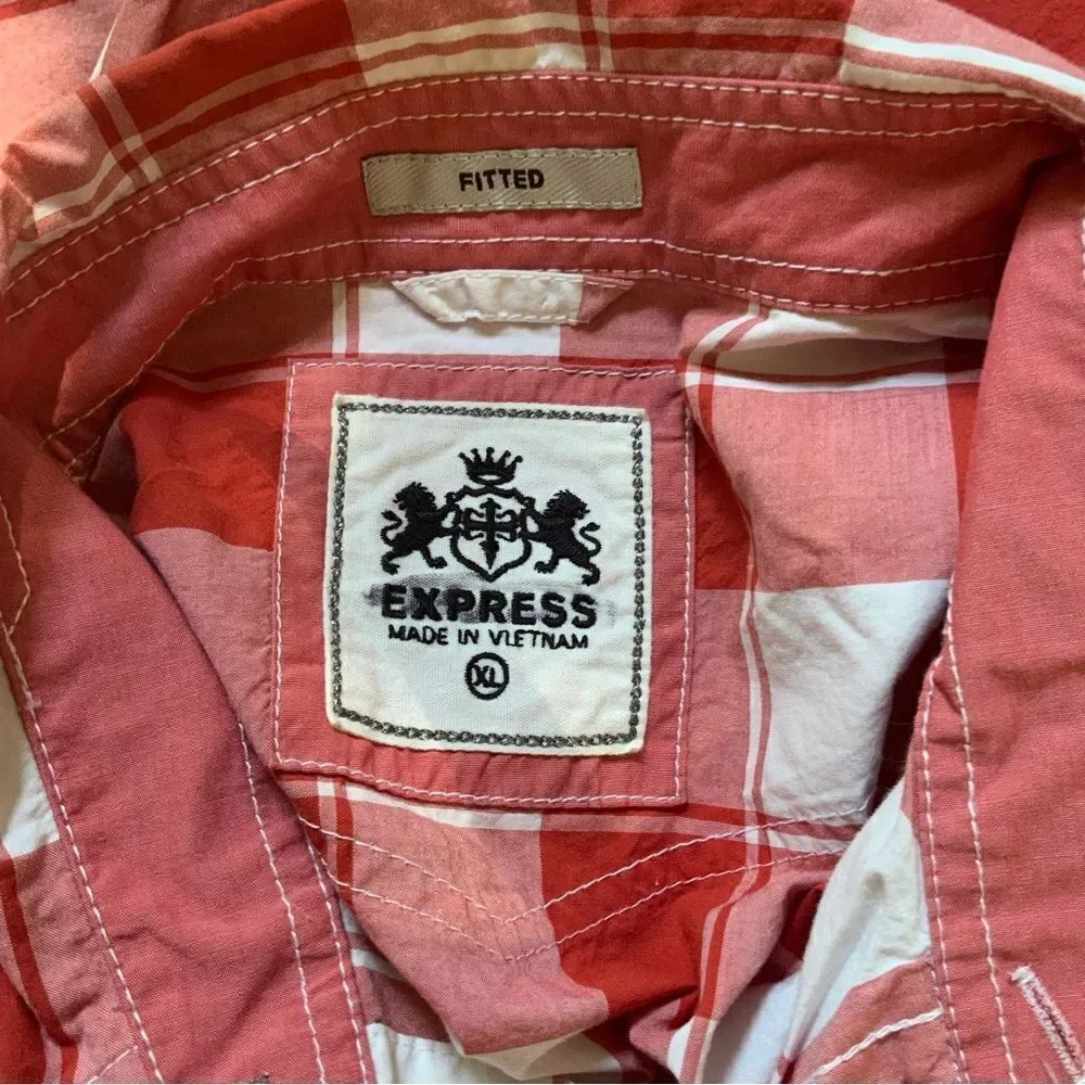EXPRESS Men’s Size XL Cotton Fitted Plaid Snap Front Shirt Red And White Check - Picture 9 of 9